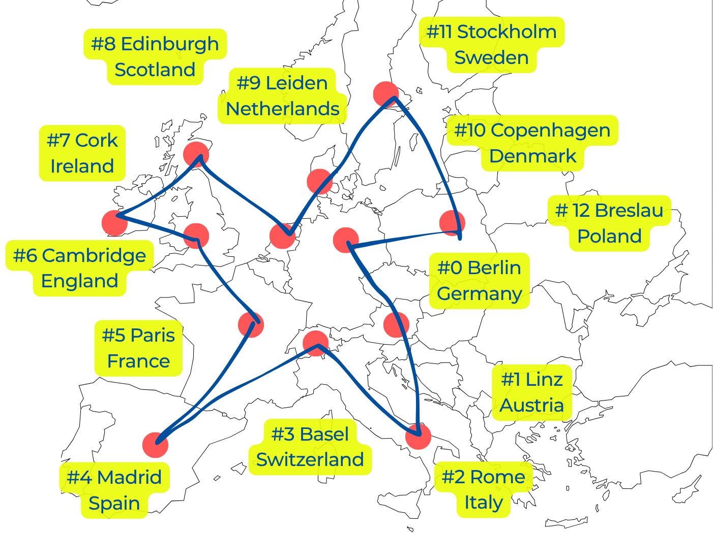 Map of the 12 QuanTour stops across Europe