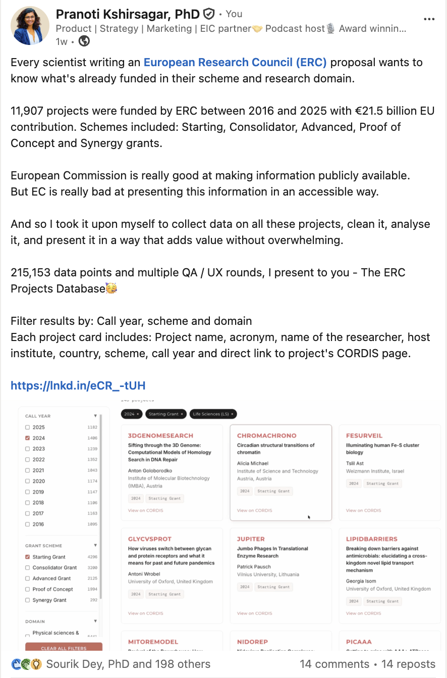 LinkedIn post that announced the ERC Projects Database, with a screenshot of the filters and project cards