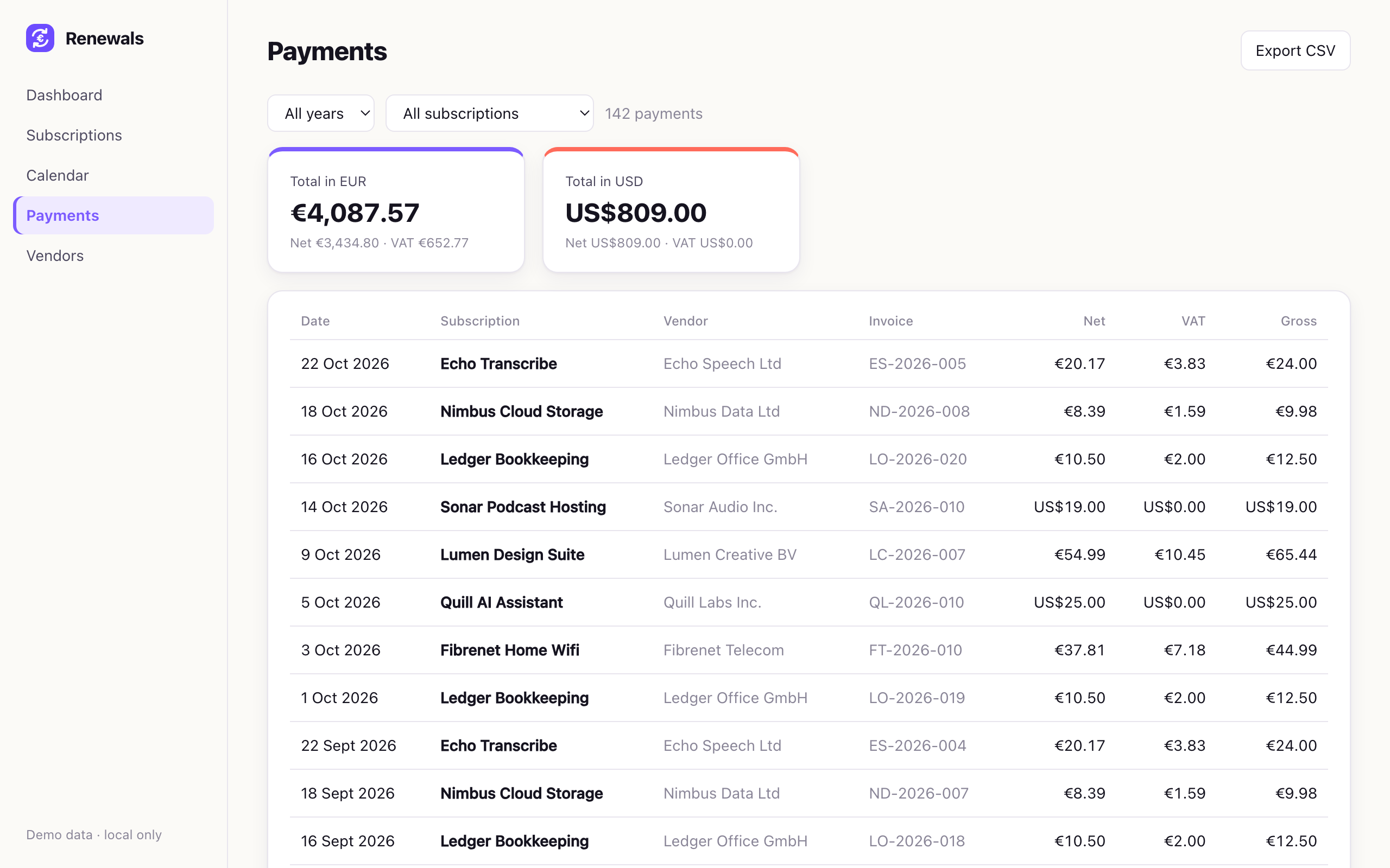 Payments table with net, VAT and gross
