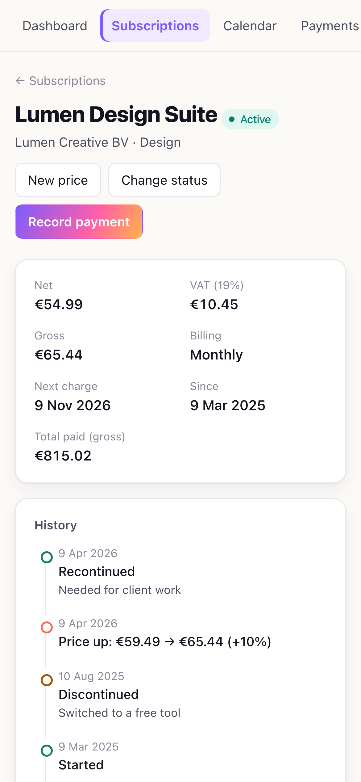 Subscription detail on a phone